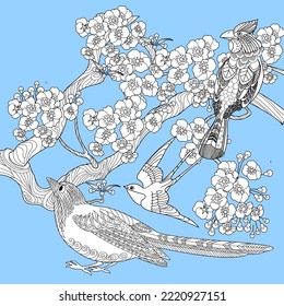 Art therapy coloring page. Coloring book antistress for children and adults. Birds and flowers hand drawn in vintage style . Ideal for those who want to feel more connected to nature.
