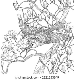 Art therapy coloring page. Coloring book antistress for children and adults. Birds and flowers hand drawn in vintage style . Ideal for those who want to feel more connected to nature.
