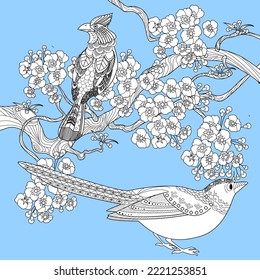 Art therapy coloring page. Coloring book antistress for children and adults. Birds and flowers hand drawn in vintage style . Ideal for those who want to feel more connected to nature.

