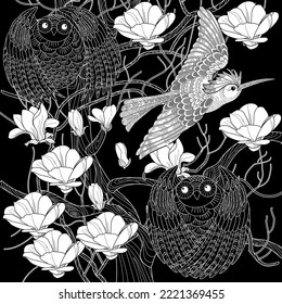 Art therapy coloring page. Coloring book antistress for children and adults. Birds and flowers hand drawn in vintage style . Ideal for those who want to feel more connected to nature.
