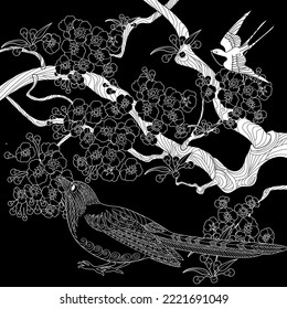 Art therapy coloring page. Coloring book antistress for children and adults. Birds and flowers hand drawn in vintage style . Ideal for those who want to feel more connected to nature.

