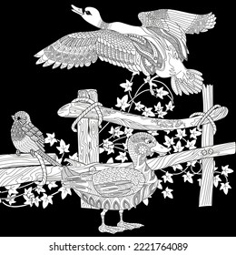 Art therapy coloring page. Coloring Book for adults and children. Colouring pictures with duck. Linear engraved art. Antistress freehand sketch drawing.
