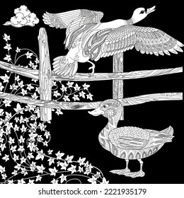 Art therapy coloring page. Coloring Book for adults and children. Colouring pictures with duck. Linear engraved art. Antistress freehand sketch drawing.
