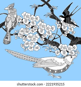 Art therapy coloring page. Coloring book antistress for children and adults. Birds and flowers hand drawn in vintage style . Ideal for those who want to feel more connected to nature.
