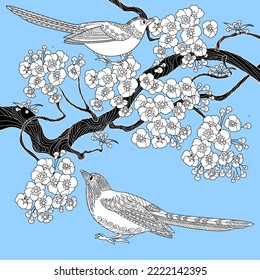 Art therapy coloring page. Coloring book antistress for children and adults. Birds and flowers hand drawn in vintage style . Ideal for those who want to feel more connected to nature.
