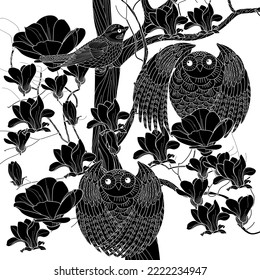 Art therapy coloring page. Coloring book antistress for children and adults. Birds and flowers hand drawn in vintage style . Ideal for those who want to feel more connected to nature.
