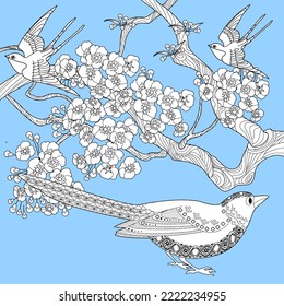 Art therapy coloring page. Coloring book antistress for children and adults. Birds and flowers hand drawn in vintage style . Ideal for those who want to feel more connected to nature.
