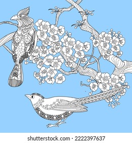 Art therapy coloring page. Coloring book antistress for children and adults. Birds and flowers hand drawn in vintage style . Ideal for those who want to feel more connected to nature.

