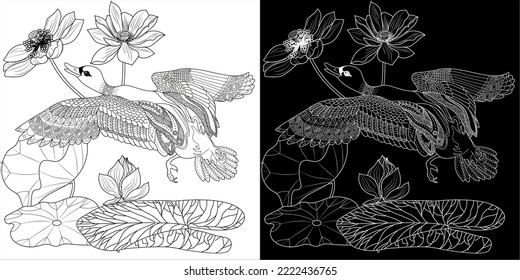 Art therapy coloring page. Coloring Book for adults and children. Colouring pictures with duck. Linear engraved art. Antistress freehand sketch drawing.
