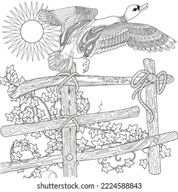 Art therapy coloring page. Coloring Book for adults and children. Colouring pictures with duck. Linear engraved art. Antistress freehand sketch drawing.
