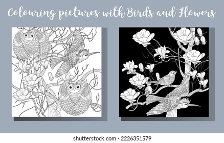 Art therapy coloring page. Coloring book antistress for children and adults. Birds and flowers hand drawn in vintage style . Ideal for those who want to feel more connected to nature.