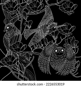 Art therapy coloring page. Coloring book antistress for children and adults. Birds and flowers hand drawn in vintage style . Ideal for those who want to feel more connected to nature.