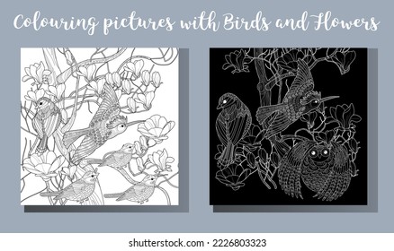 Art therapy coloring page. Coloring book antistress for children and adults. Birds and flowers hand drawn in vintage style . Ideal for those who want to feel more connected to nature.