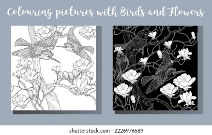 Art therapy coloring page. Coloring book antistress for children and adults. Birds and flowers hand drawn in vintage style . Ideal for those who want to feel more connected to nature.