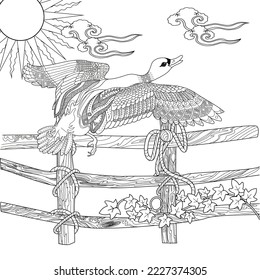 Art therapy coloring page. Coloring Book for adults and children. Colouring pictures with duck. Linear engraved art. Antistress freehand sketch drawing.
