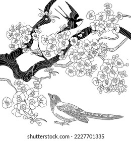 Art therapy coloring page. Coloring book antistress for children and adults. Birds and flowers hand drawn in vintage style . Ideal for those who want to feel more connected to nature.
