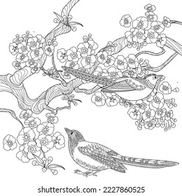 Art therapy coloring page. Coloring book antistress for children and adults. Birds and flowers hand drawn in vintage style . Ideal for those who want to feel more connected to nature.
