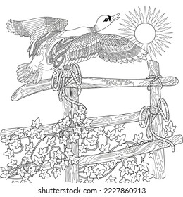 Art therapy coloring page. Coloring Book for adults and children. Colouring pictures with duck. Linear engraved art. Antistress freehand sketch drawing.
