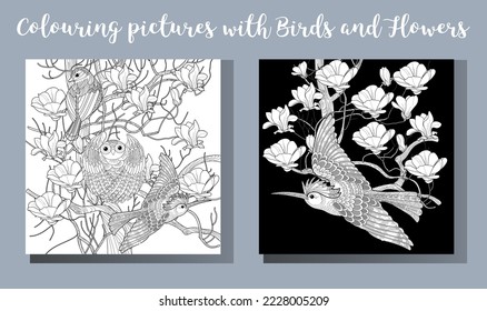 Art therapy coloring page. Coloring book antistress for children and adults. Birds and flowers hand drawn in vintage style . Ideal for those who want to feel more connected to nature.
