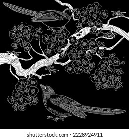 Art therapy coloring page. Coloring book antistress for children and adults. Birds and flowers hand drawn in vintage style . Ideal for those who want to feel more connected to nature.
