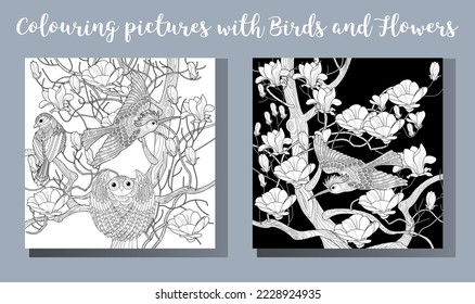 Art therapy coloring page. Coloring book antistress for children and adults. Birds and flowers hand drawn in vintage style . Ideal for those who want to feel more connected to nature.
