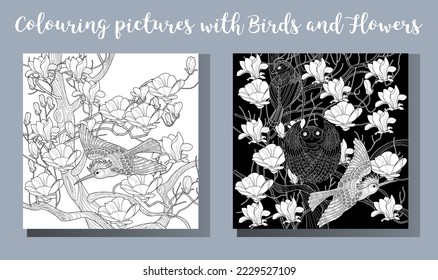 Art therapy coloring page. Coloring book antistress for children and adults. Birds and flowers hand drawn in vintage style . Ideal for those who want to feel more connected to nature.
