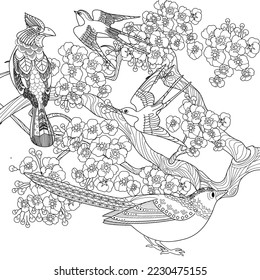 Art therapy coloring page. Coloring book antistress for children and adults. Birds and flowers hand drawn in vintage style . Ideal for those who want to feel more connected to nature.