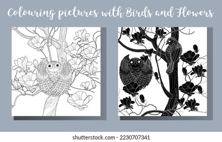 Art therapy coloring page. Coloring book antistress for children and adults. Birds and flowers hand drawn in vintage style . Ideal for those who want to feel more connected to nature.
