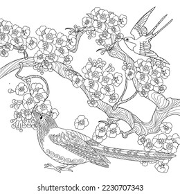 Art therapy coloring page. Coloring book antistress for children and adults. Birds and flowers hand drawn in vintage style . Ideal for those who want to feel more connected to nature.