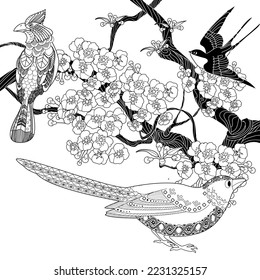 Art therapy coloring page. Coloring book antistress for children and adults. Birds and flowers hand drawn in vintage style . Ideal for those who want to feel more connected to nature.
