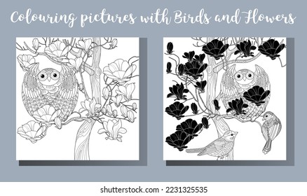 Art therapy coloring page. Coloring book antistress for children and adults. Birds and flowers hand drawn in vintage style . Ideal for those who want to feel more connected to nature.