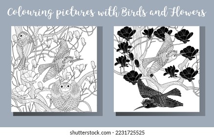 Art therapy coloring page. Coloring book antistress for children and adults. Birds and flowers hand drawn in vintage style . Ideal for those who want to feel more connected to nature.