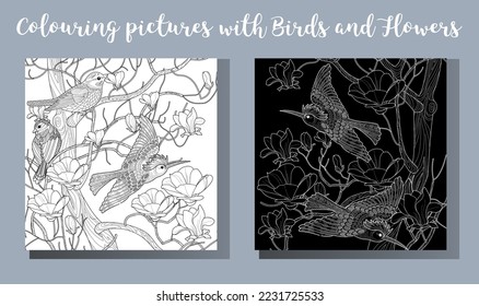 Art therapy coloring page. Coloring book antistress for children and adults. Birds and flowers hand drawn in vintage style . Ideal for those who want to feel more connected to nature.