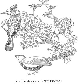 Art therapy coloring page. Coloring book antistress for children and adults. Birds and flowers hand drawn in vintage style . Ideal for those who want to feel more connected to nature.