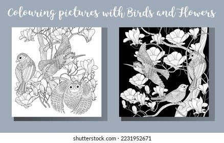 Art therapy coloring page. Coloring book antistress for children and adults. Birds and flowers hand drawn in vintage style . Ideal for those who want to feel more connected to nature.