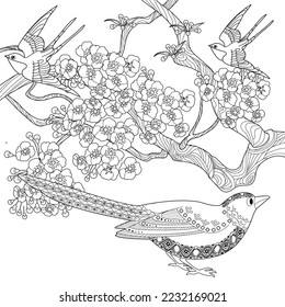Art therapy coloring page. Coloring book antistress for children and adults. Birds and flowers hand drawn in vintage style . Ideal for those who want to feel more connected to nature.