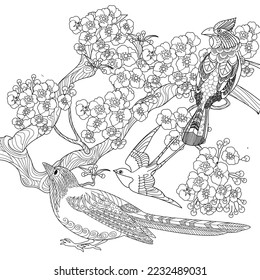 Art therapy coloring page. Coloring book antistress for children and adults. Birds and flowers hand drawn in vintage style . Ideal for those who want to feel more connected to nature.
