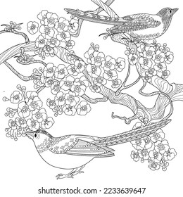 Art therapy coloring page. Coloring book antistress for children and adults. Birds and flowers hand drawn in vintage style . Ideal for those who want to feel more connected to nature.
