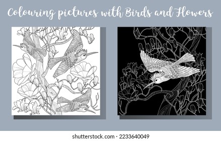 Art therapy coloring page. Coloring book antistress for children and adults. Birds and flowers hand drawn in vintage style . Ideal for those who want to feel more connected to nature.