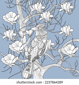 Art therapy coloring page. Coloring book antistress for children and adults. Birds and flowers hand drawn in vintage style . Ideal for those who want to feel more connected to nature.