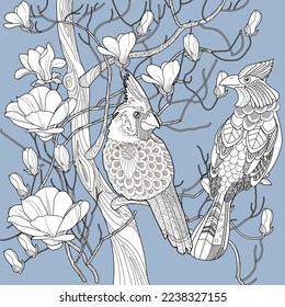 Art therapy coloring page. Coloring book antistress for children and adults. Birds and flowers hand drawn in vintage style . Ideal for those who want to feel more connected to nature.
