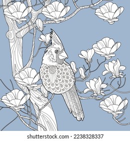 Art therapy coloring page. Coloring book antistress for children and adults. Birds and flowers hand drawn in vintage style . Ideal for those who want to feel more connected to nature.

