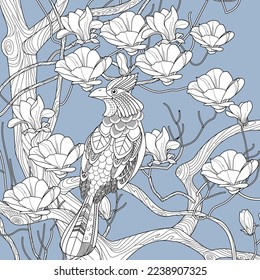 Art therapy coloring page. Coloring book antistress for children and adults. Birds and flowers hand drawn in vintage style . Ideal for those who want to feel more connected to nature.
