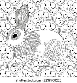 Art therapy coloring page. Coloring Book for adults and children. Colouring pictures with rabbit. Antistress freehand sketch drawing with doodle and zentangle element

