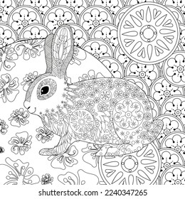 Art therapy coloring page. Coloring Book for adults and children. Colouring pictures with rabbit. Antistress freehand sketch drawing with doodle and zentangle element
