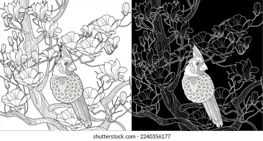 Art therapy coloring page. Coloring book antistress for children and adults. Birds and flowers hand drawn in vintage style . Ideal for those who want to feel more connected to nature.
