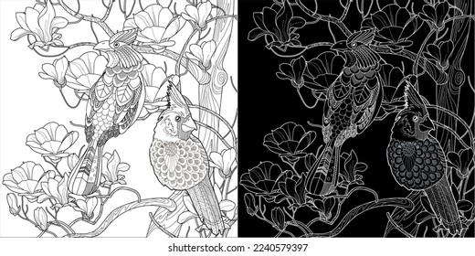 Art therapy coloring page. Coloring book antistress for children and adults. Birds and flowers hand drawn in vintage style . Ideal for those who want to feel more connected to nature.
