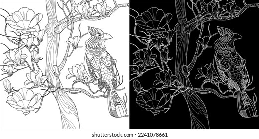 Art therapy coloring page. Coloring book antistress for children and adults. Birds and flowers hand drawn in vintage style . Ideal for those who want to feel more connected to nature.
