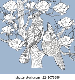 Art therapy coloring page. Coloring book antistress for children and adults. Birds and flowers hand drawn in vintage style . Ideal for those who want to feel more connected to nature.
