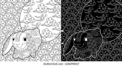 Art therapy coloring page. Coloring Book for adults and children. Colouring pictures with rabbit. Antistress freehand sketch drawing with doodle and zentangle element
